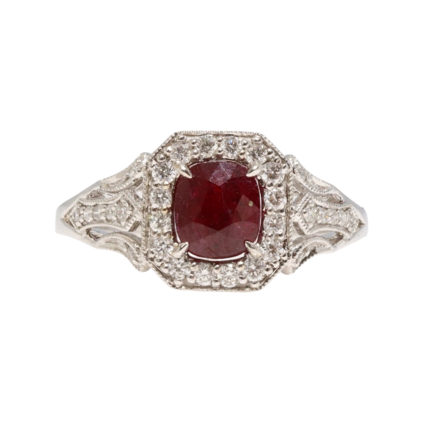 18CT WHITE GOLD, DIAMOND AND RUBY RING