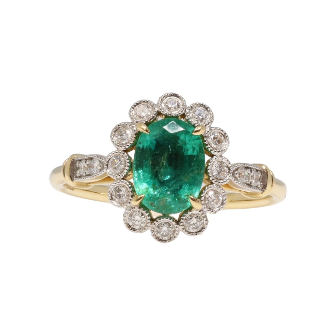 18CT YELLOW GOLD EMERALD AND DIAMOND RING