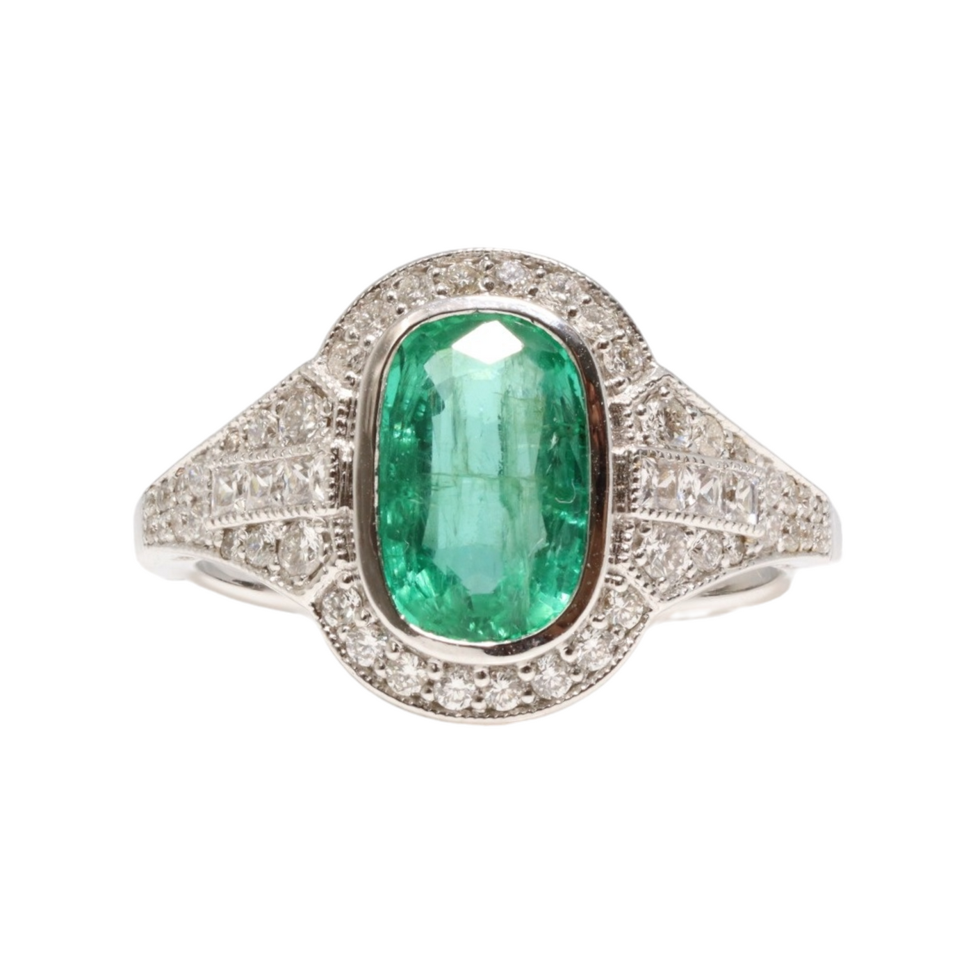 18CT WHITE GOLD EMERALD AND DIAMOND RING