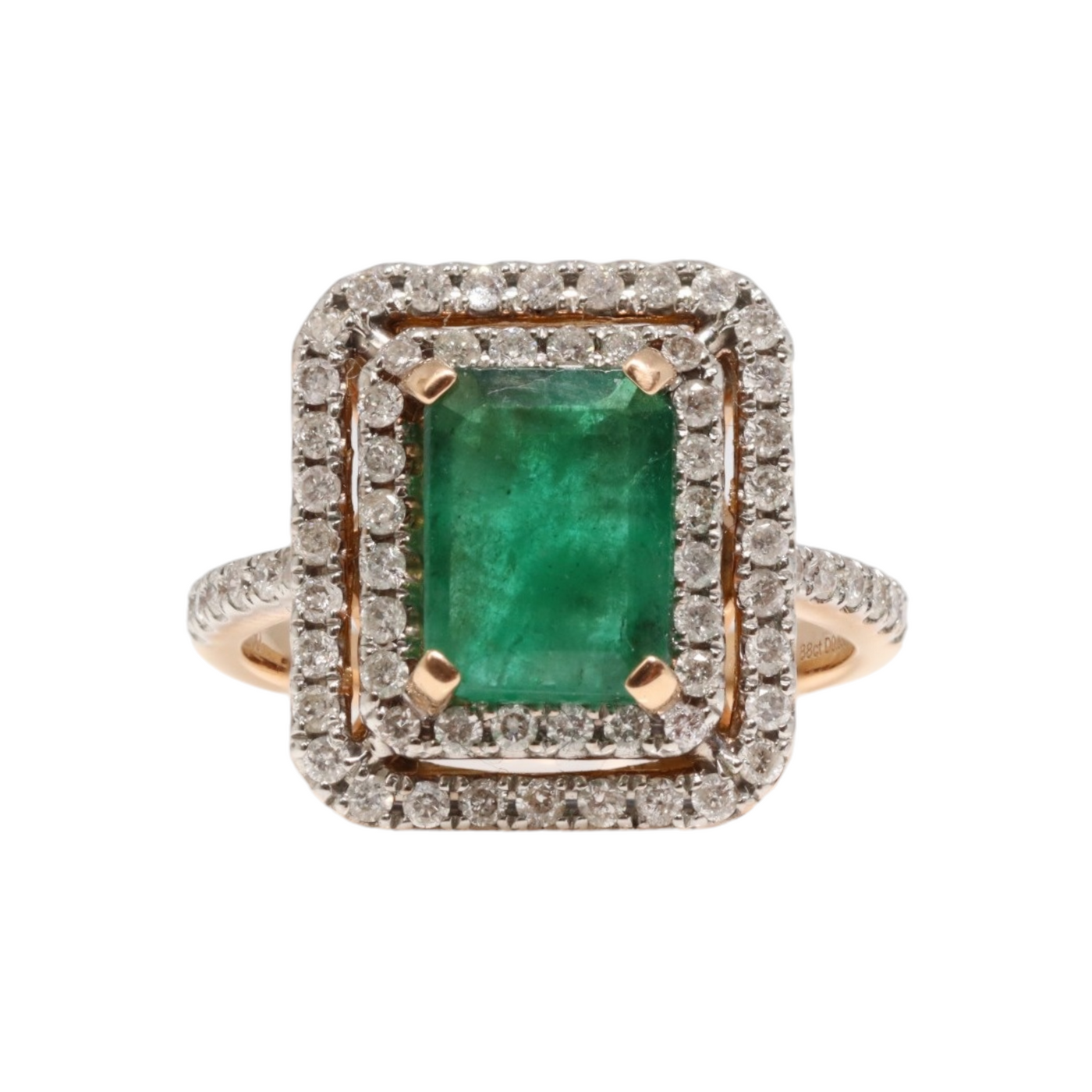 18CT ROSE GOLD EMERALD AND DIAMOND RING