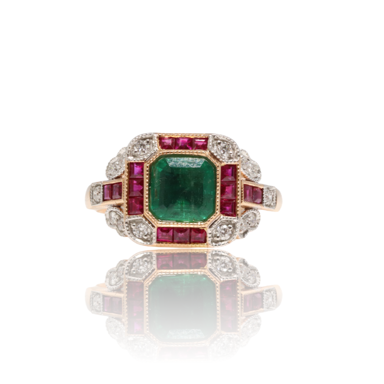 18CT ROSE GOLD EMERALD,RUBY AND DIAMOND RING