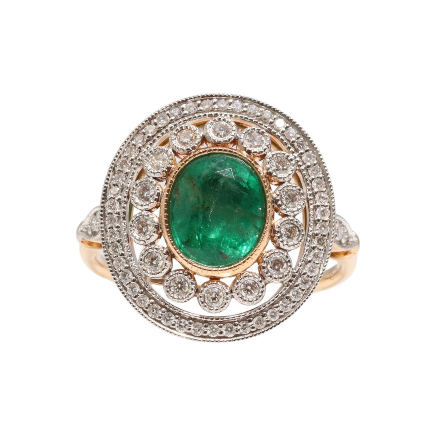 18CT ROSE GOLD EMERALD AND DIAMOND RING