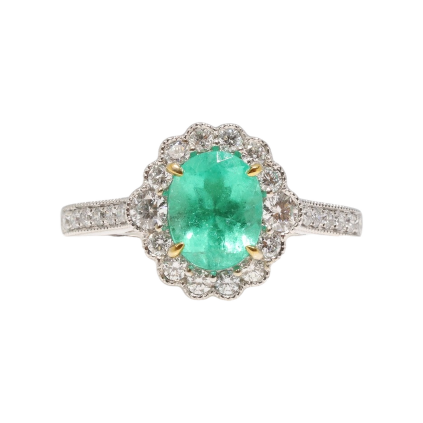 18CT WHITE GOLD DIAMOND AND EMERALD RING