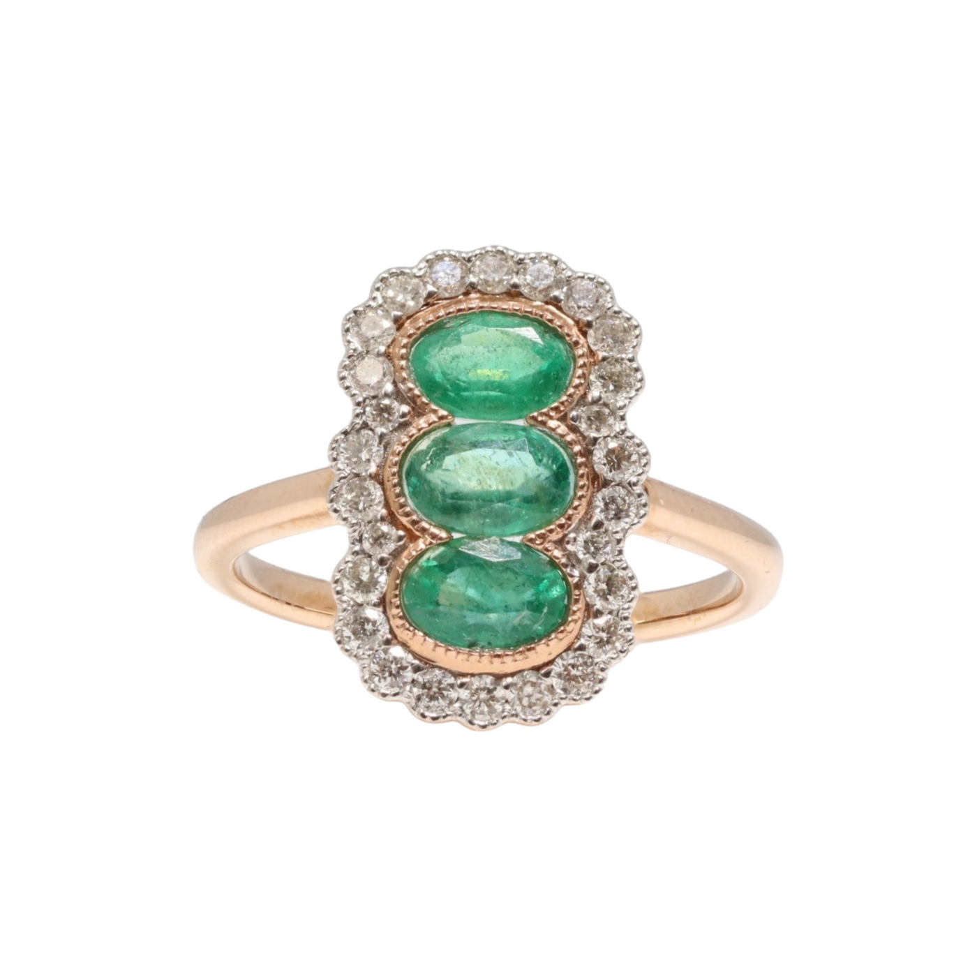 14CT ROSE GOLD EMERALD AND DIAMOND RING