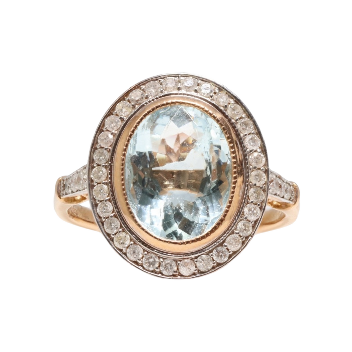 18CT ROSE/WHITEGOLD AQUAMARINE AND DIAMOND COCKTAIL RING