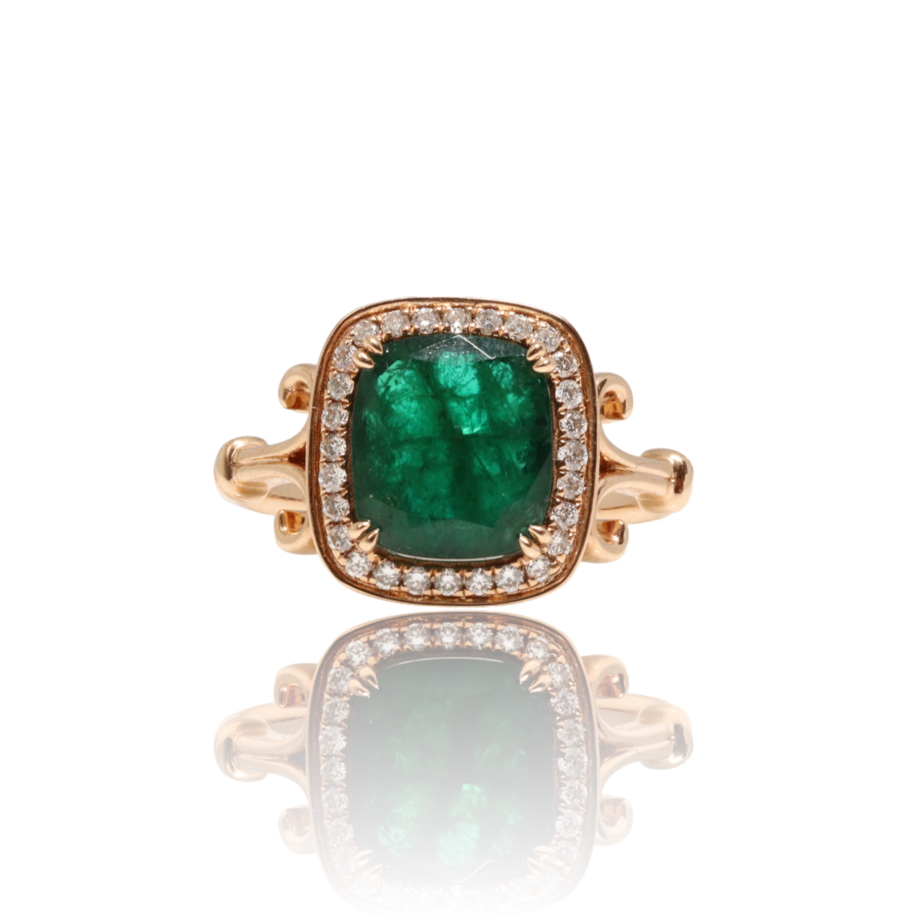 18CT ROSE GOLD EMERALD AND DIAMOND RING