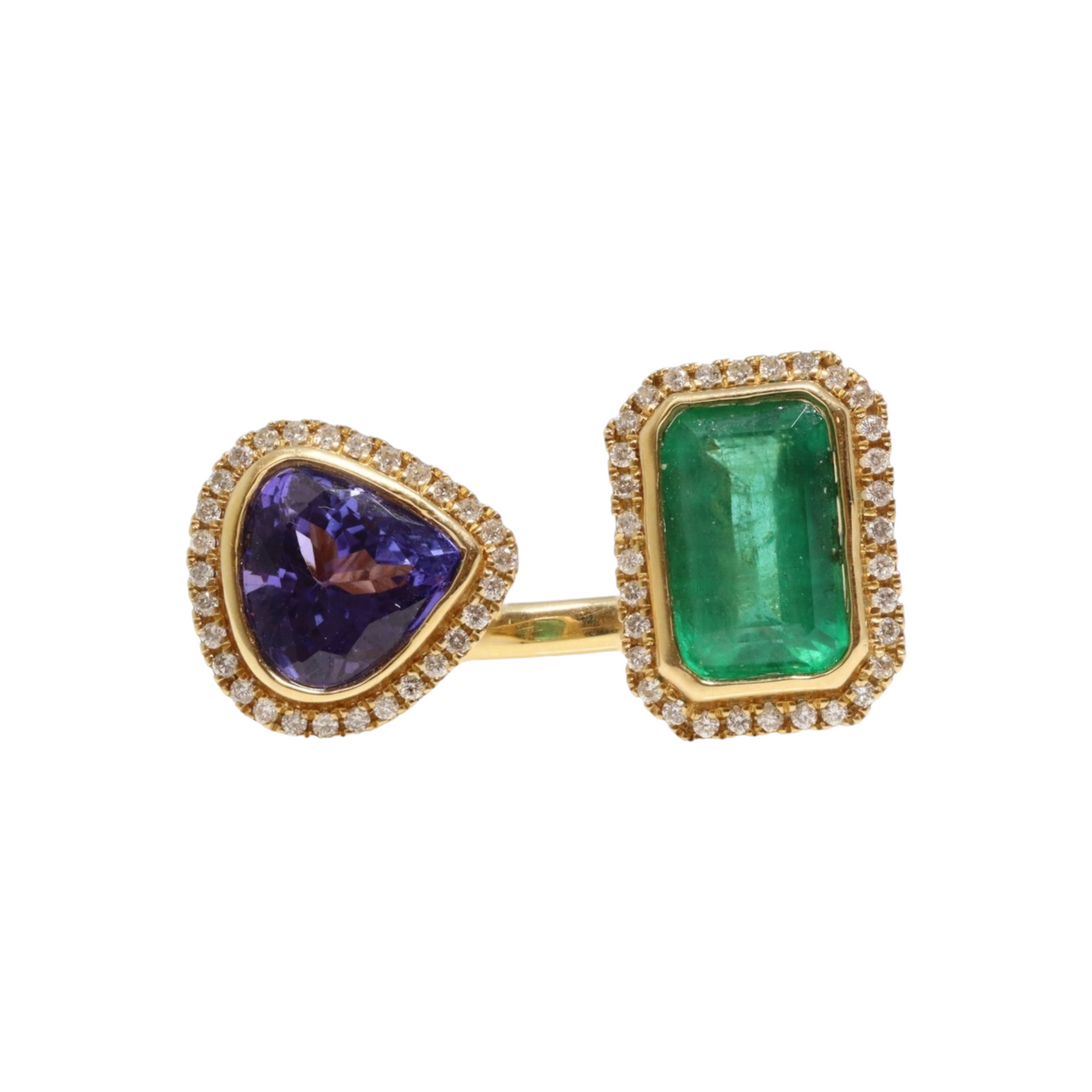 EMERALD, TANZANITE AND DIAMOND OPEN FACE RING