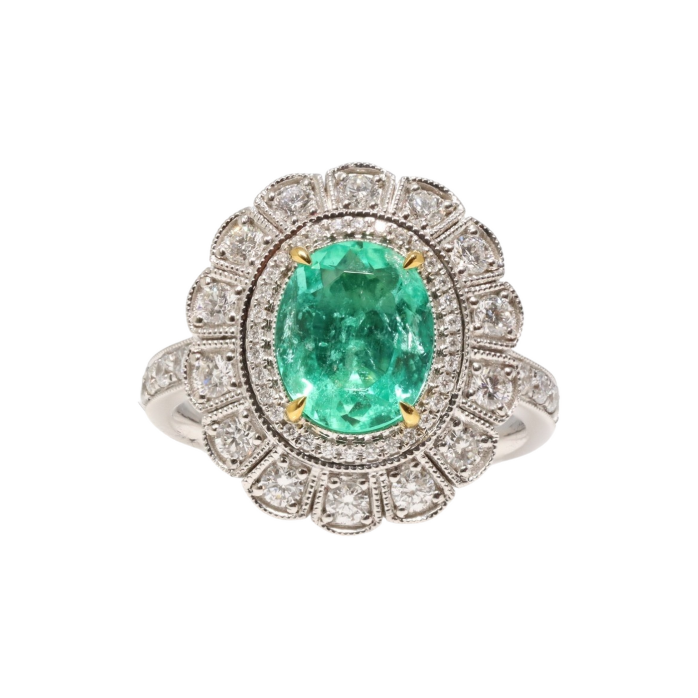 PLATINUM ART DECO STYLE EMERALD AND DIAMOND RING