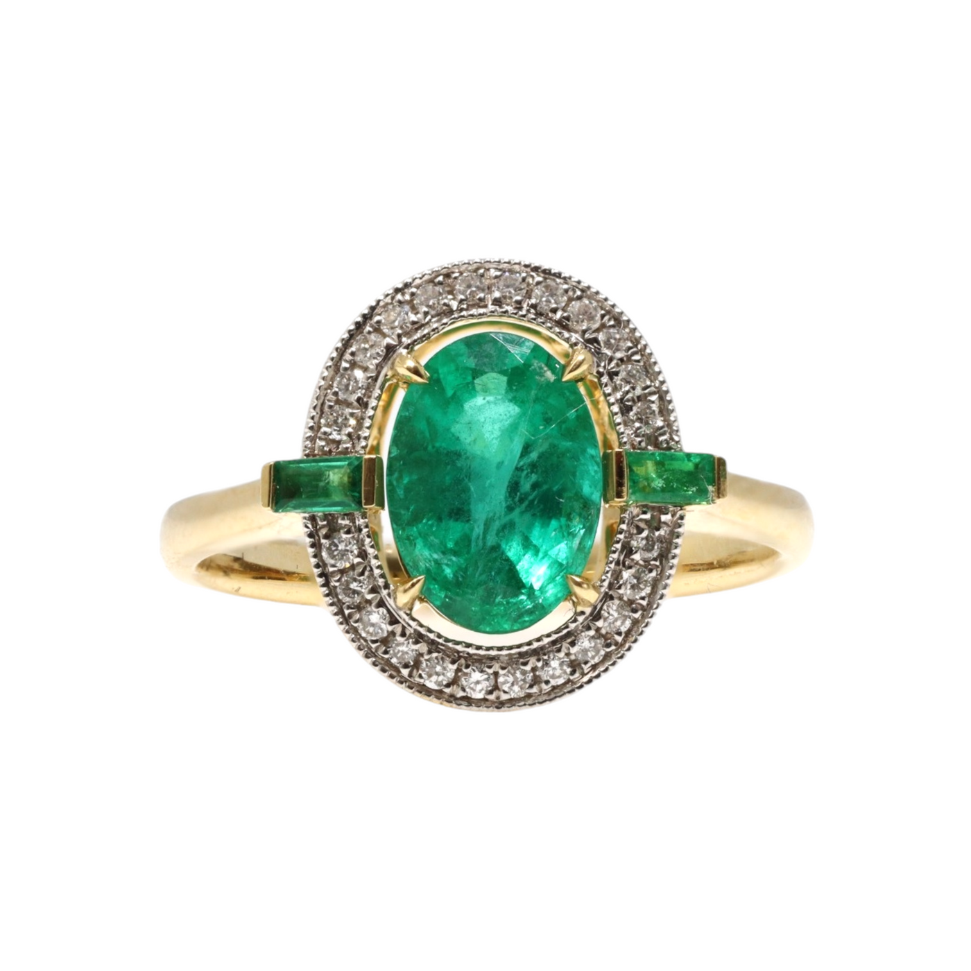 18CT YELLOW GOLD EMERALD AND DIAMOND RING