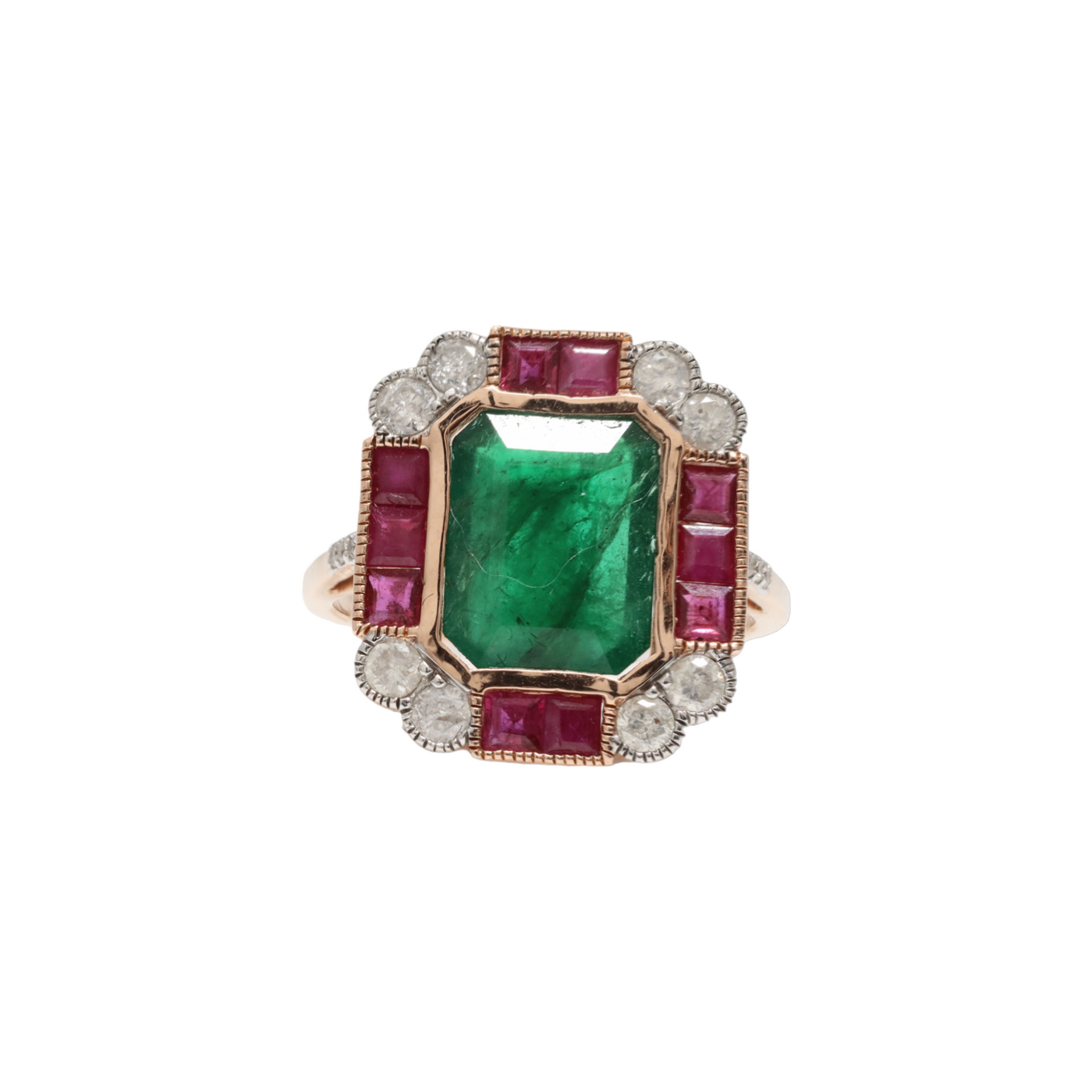 EMERALD , RUBY AND DIAMOND COCKTAIL RING