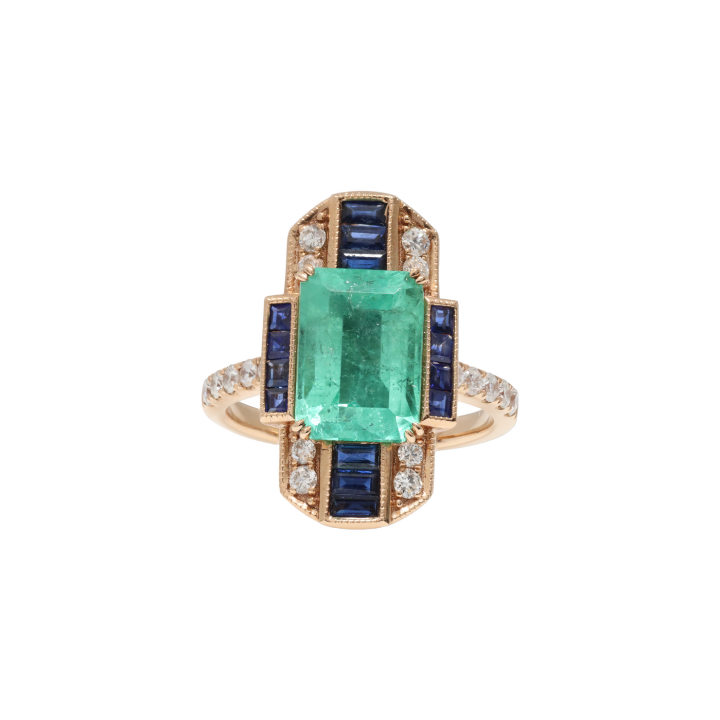 COLOMBIAN EMERALD , SAPPHIRE AND DIAMOND RING