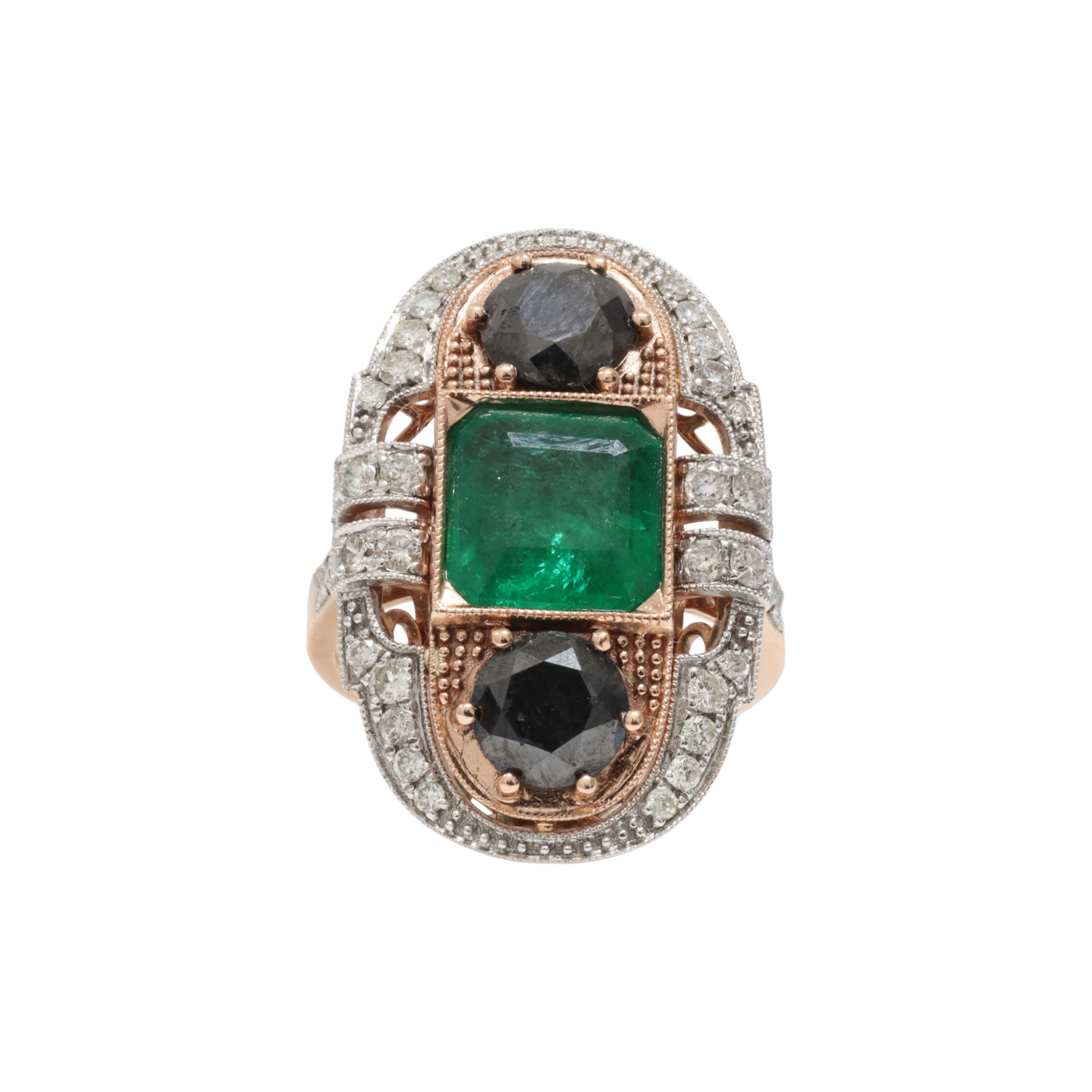 EMERALD, DIAMOND AND BLACK DIAMOND RING