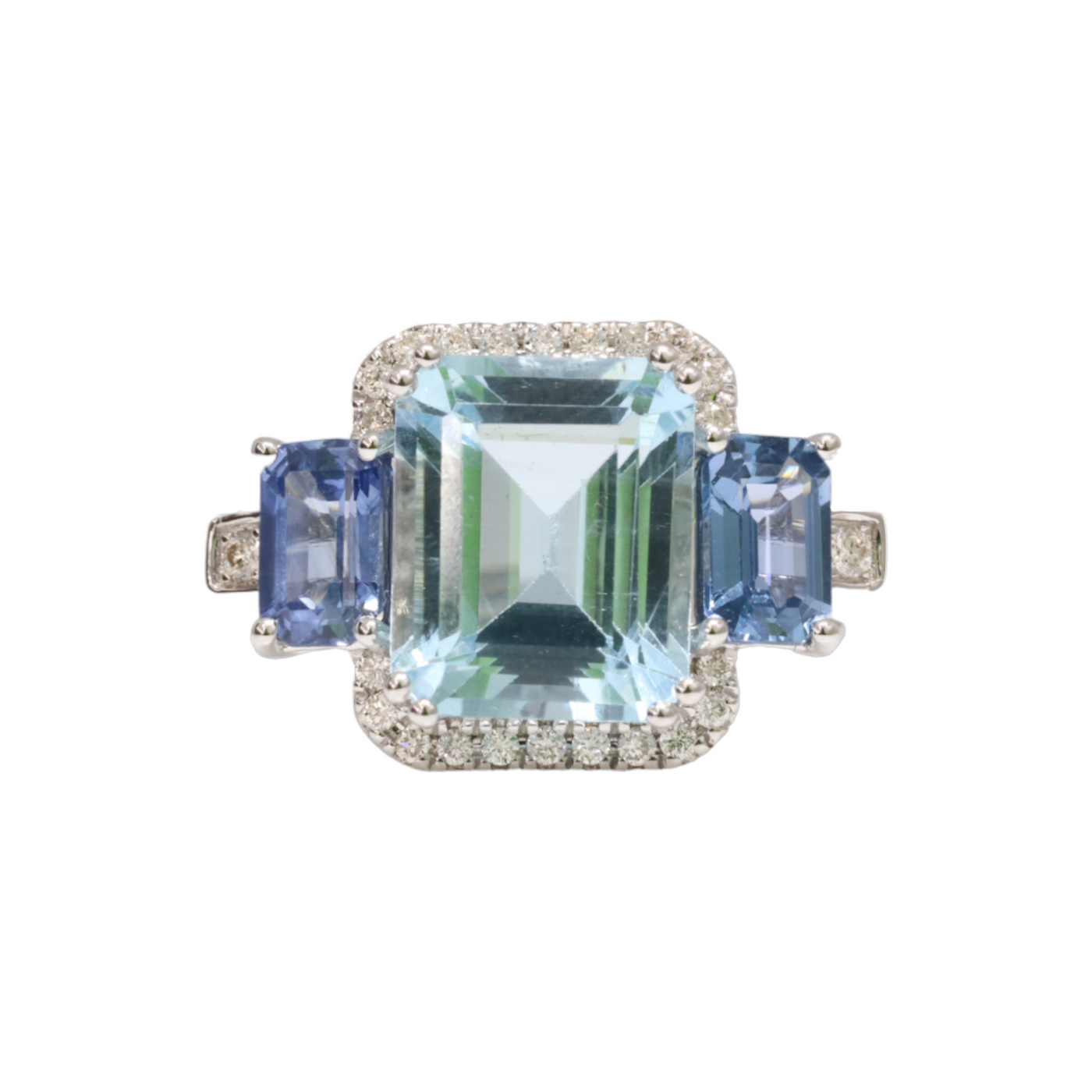 Aquamarine, diamond and sapphire ring