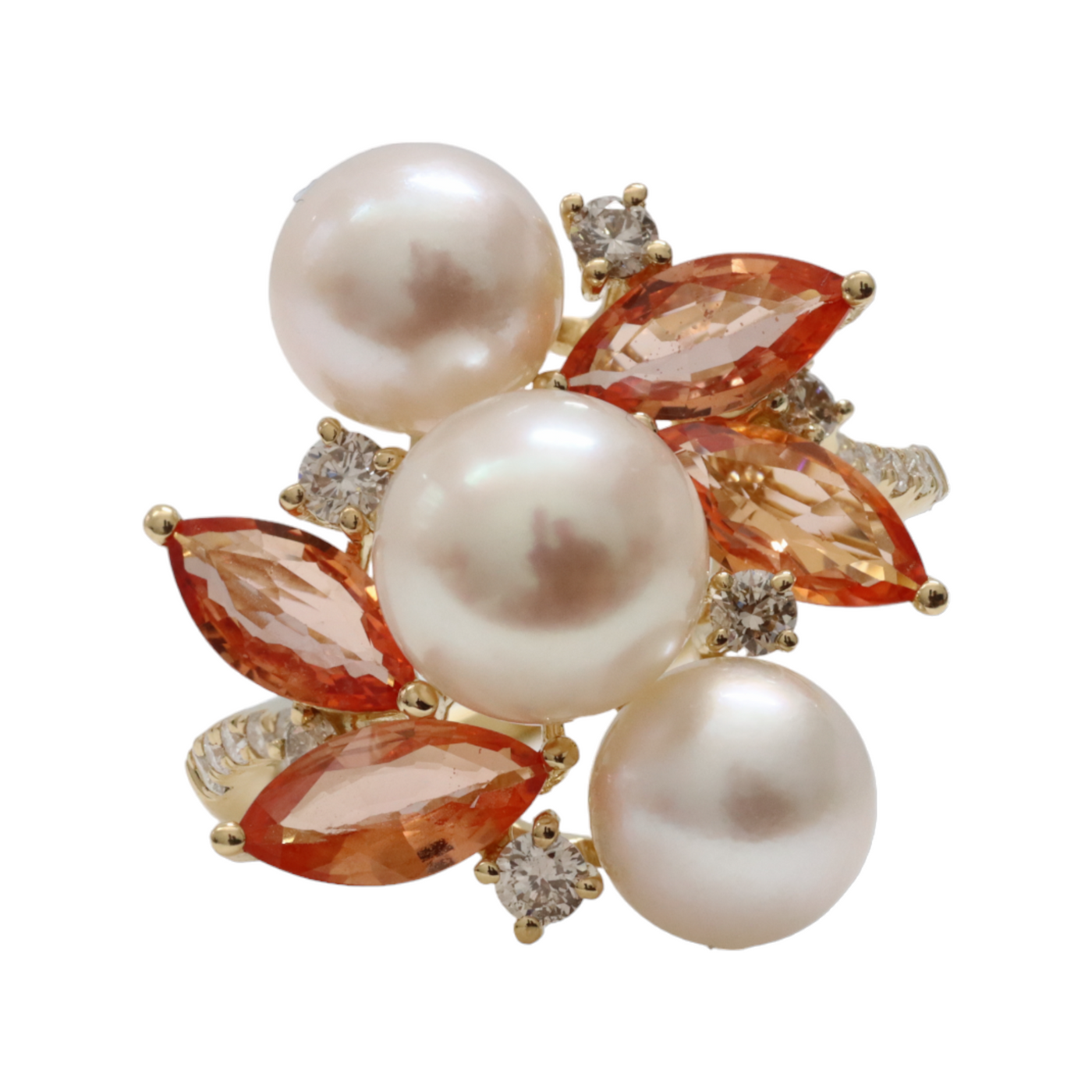 PADPARADSCHA SAPPHIRES, CREAM PEARLS AND DIAMONDS IN 18CT YG