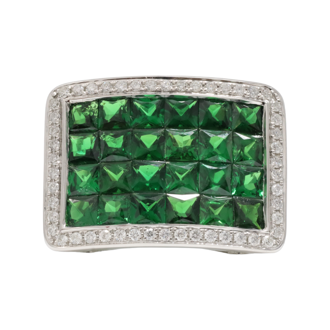 PLATINUM TSAVORITE GARNETS AND DIAMOND RING