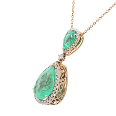 Pear shaped natural Emeralds & diamond pendant