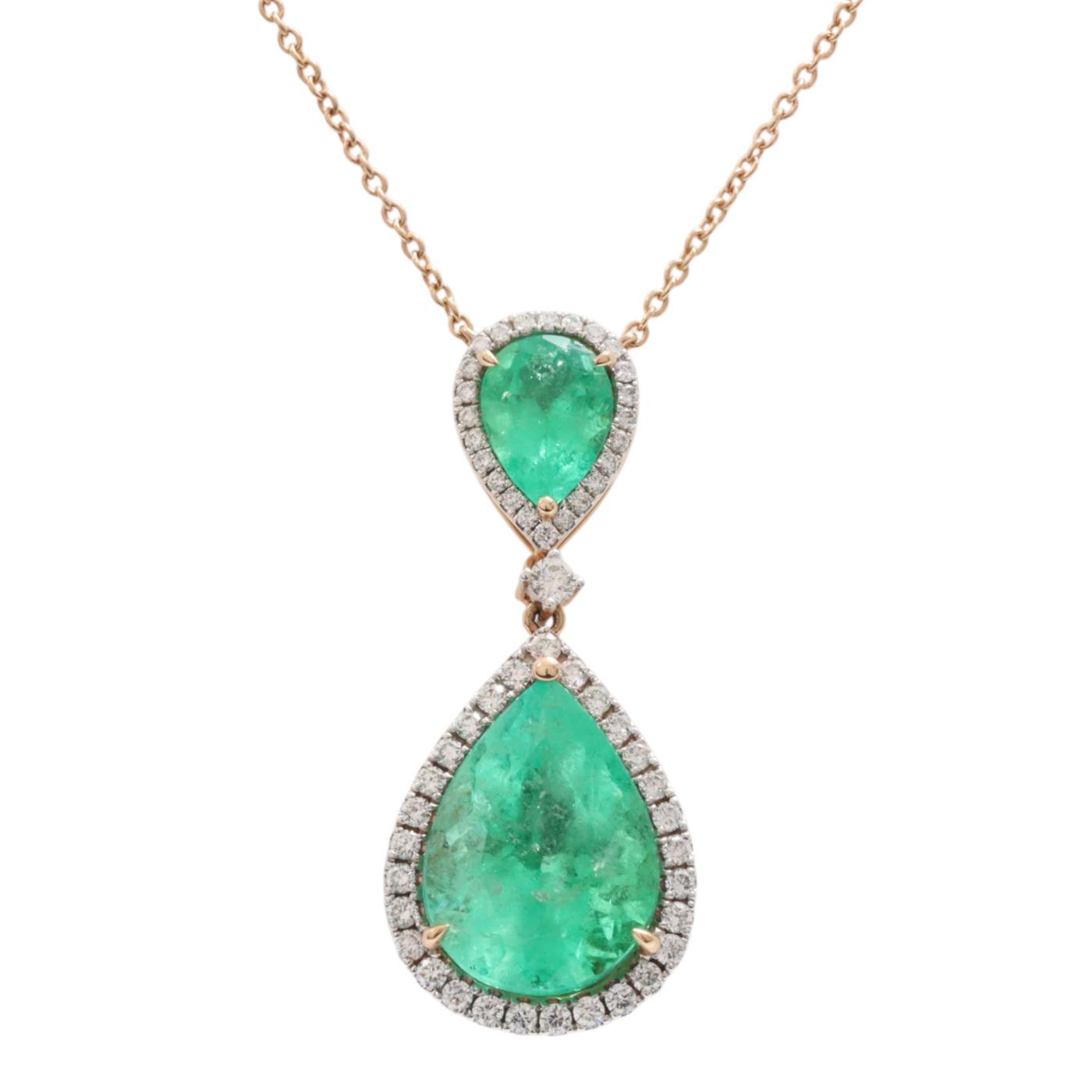 Pear shaped natural Emeralds & diamond pendant