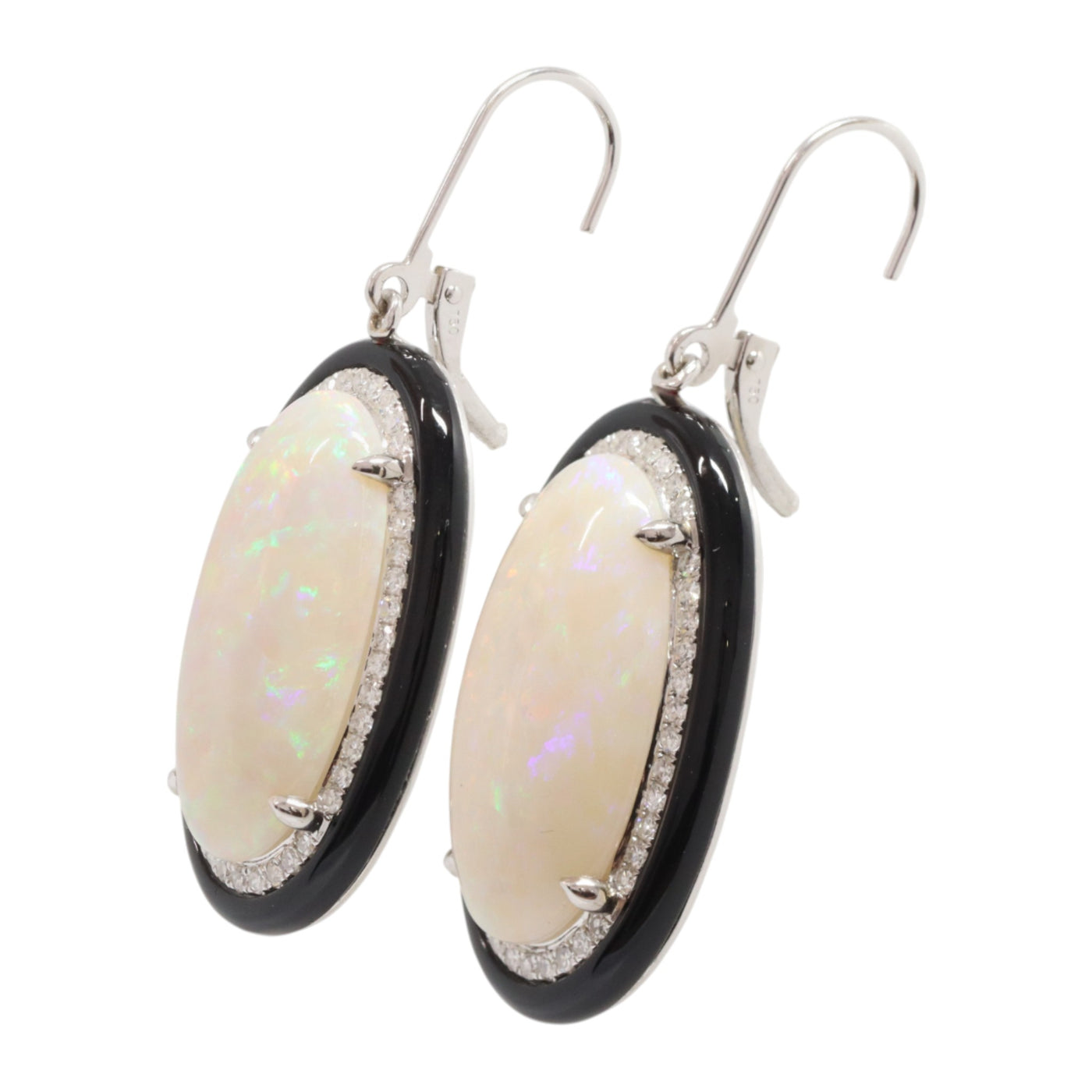 white gold Opal, Diamond &amp; black Onyx earrings