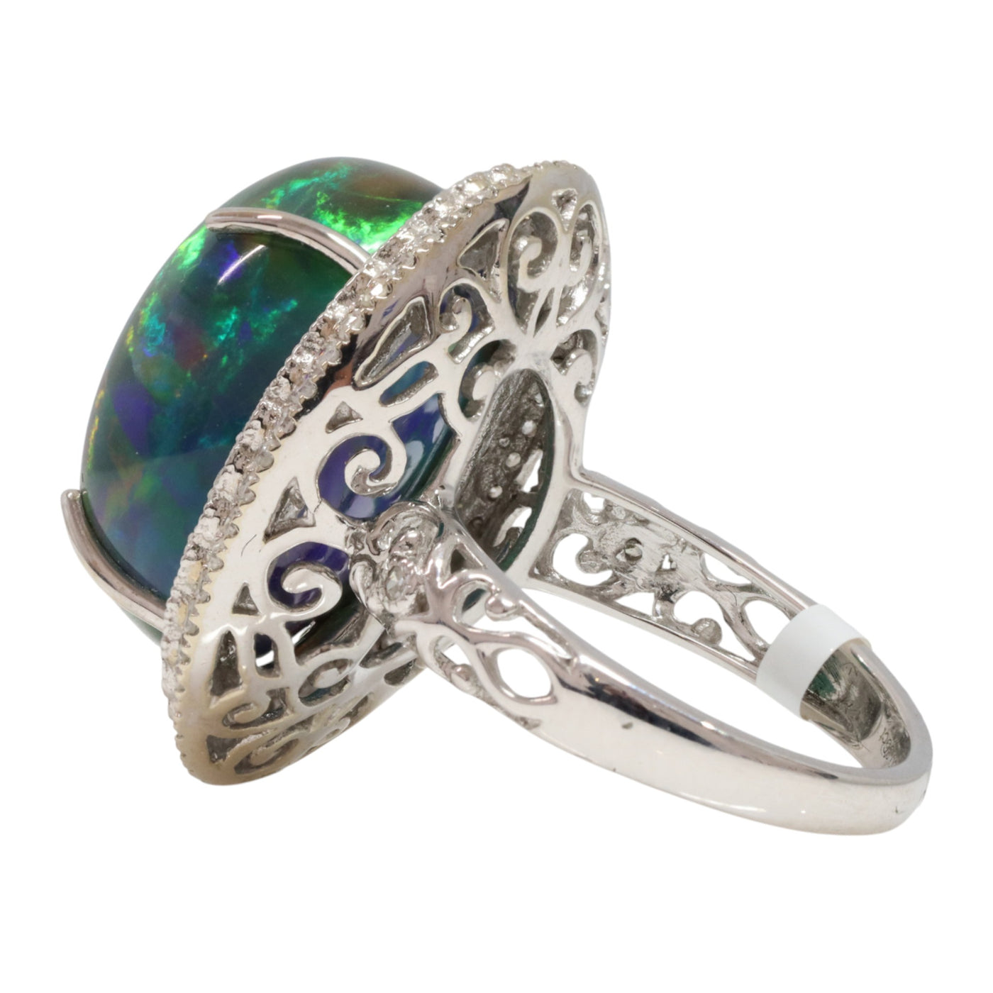 14ct white gold Ethiopian opal, sapphire and diamond dress ring