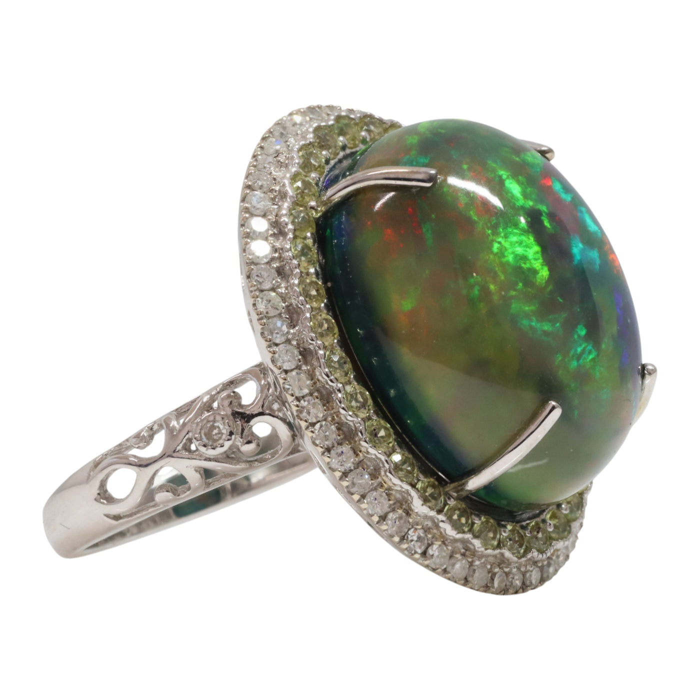 14ct white gold Ethiopian opal, sapphire and diamond dress ring