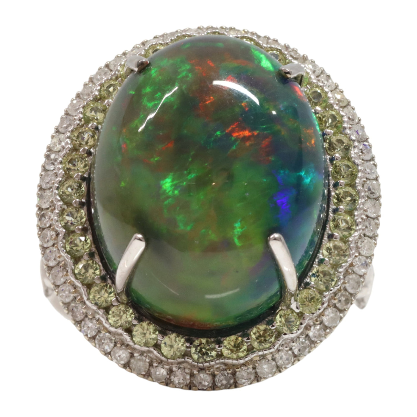 14ct white gold Ethiopian opal, sapphire and diamond dress ring