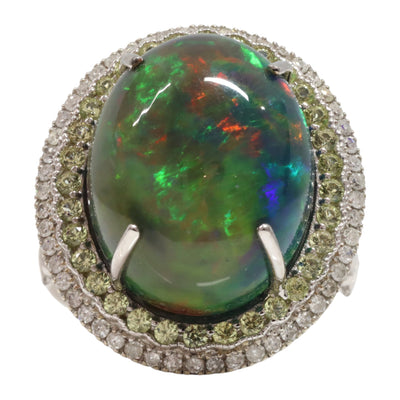 14ct white gold Ethiopian opal, sapphire and diamond dress ring
