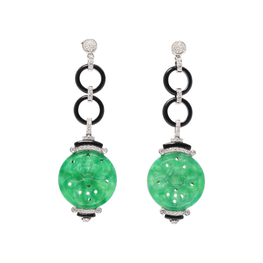 18ct White Gold, Black Onyx, Diamond Jade Earrings