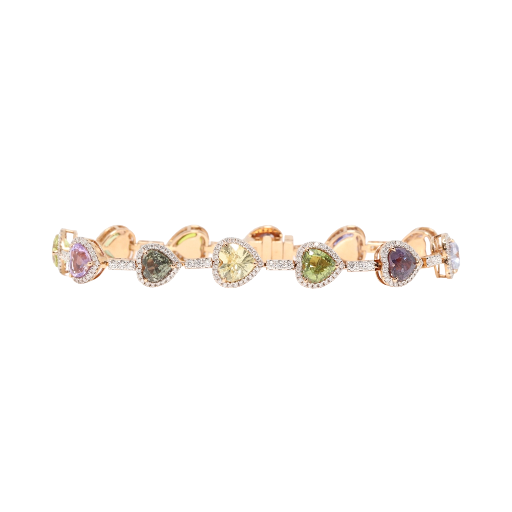 18ct rose gold rainbow sapphire and diamond bracelet