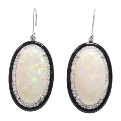 white gold Opal, Diamond &amp; black Onyx earrings