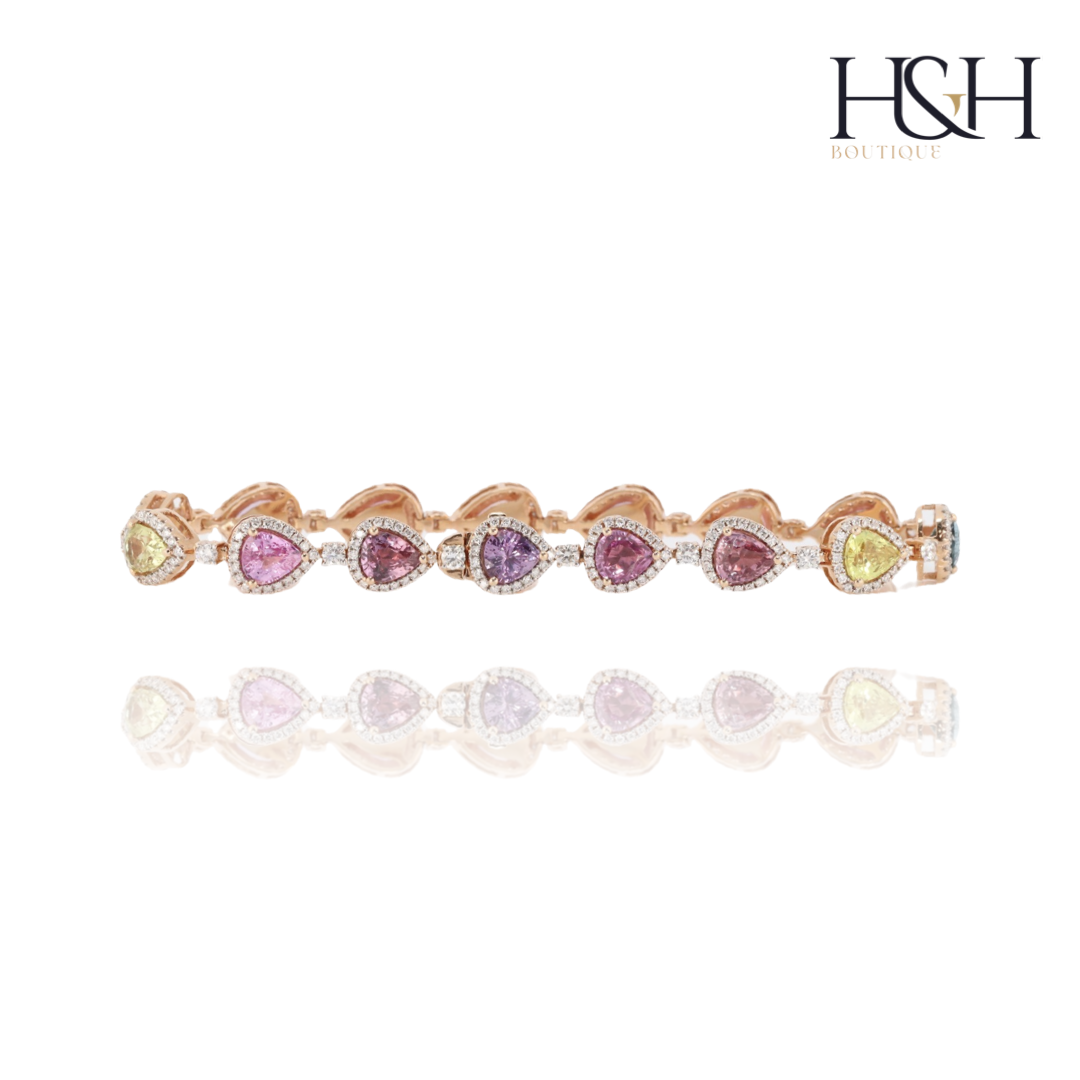 18CT ROSE GOLD MULTICOLOUR SAPPHIRE AND DIAMOND BRACELET