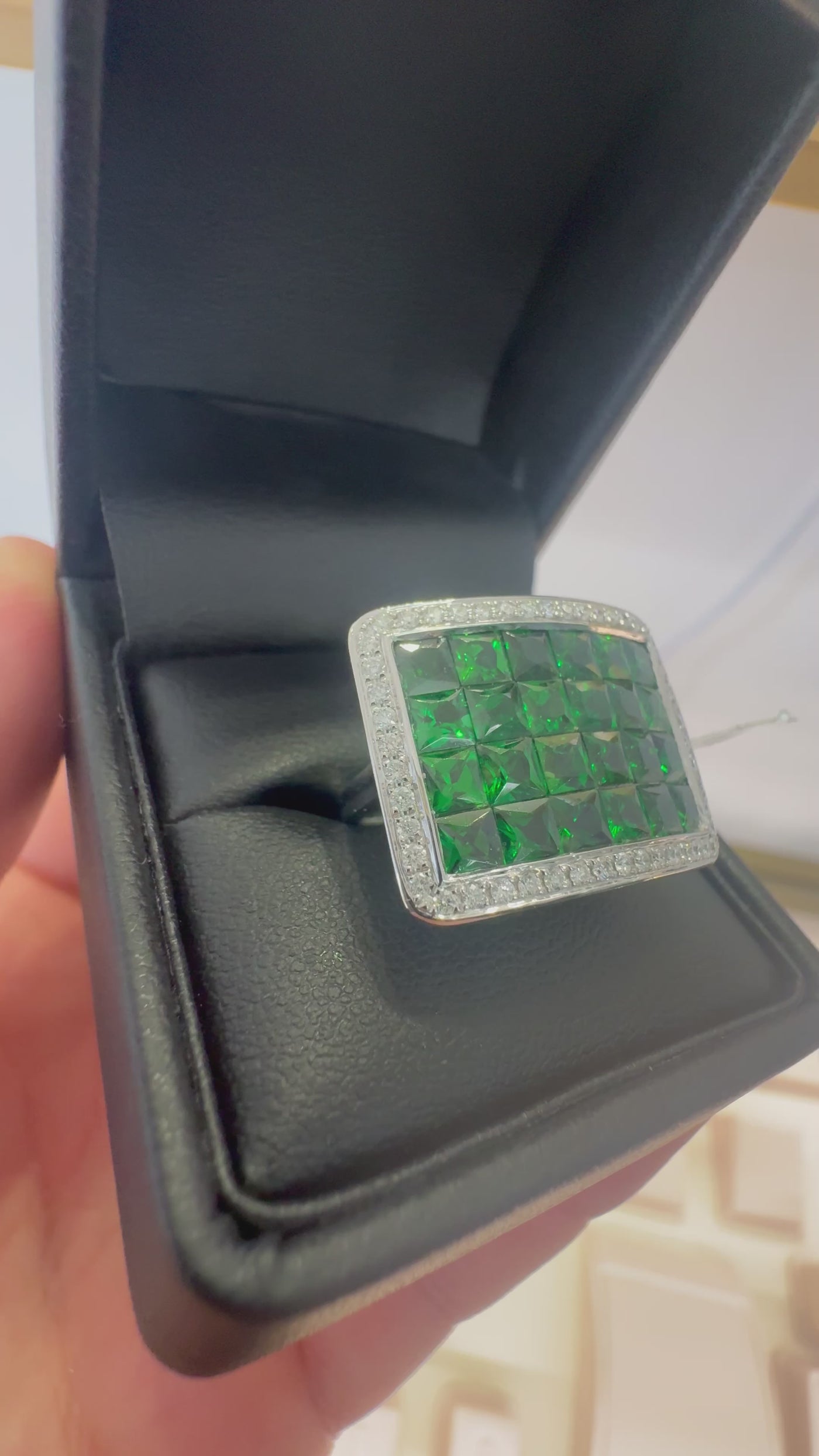 PLATINUM TSAVORITE GARNETS AND DIAMOND RING