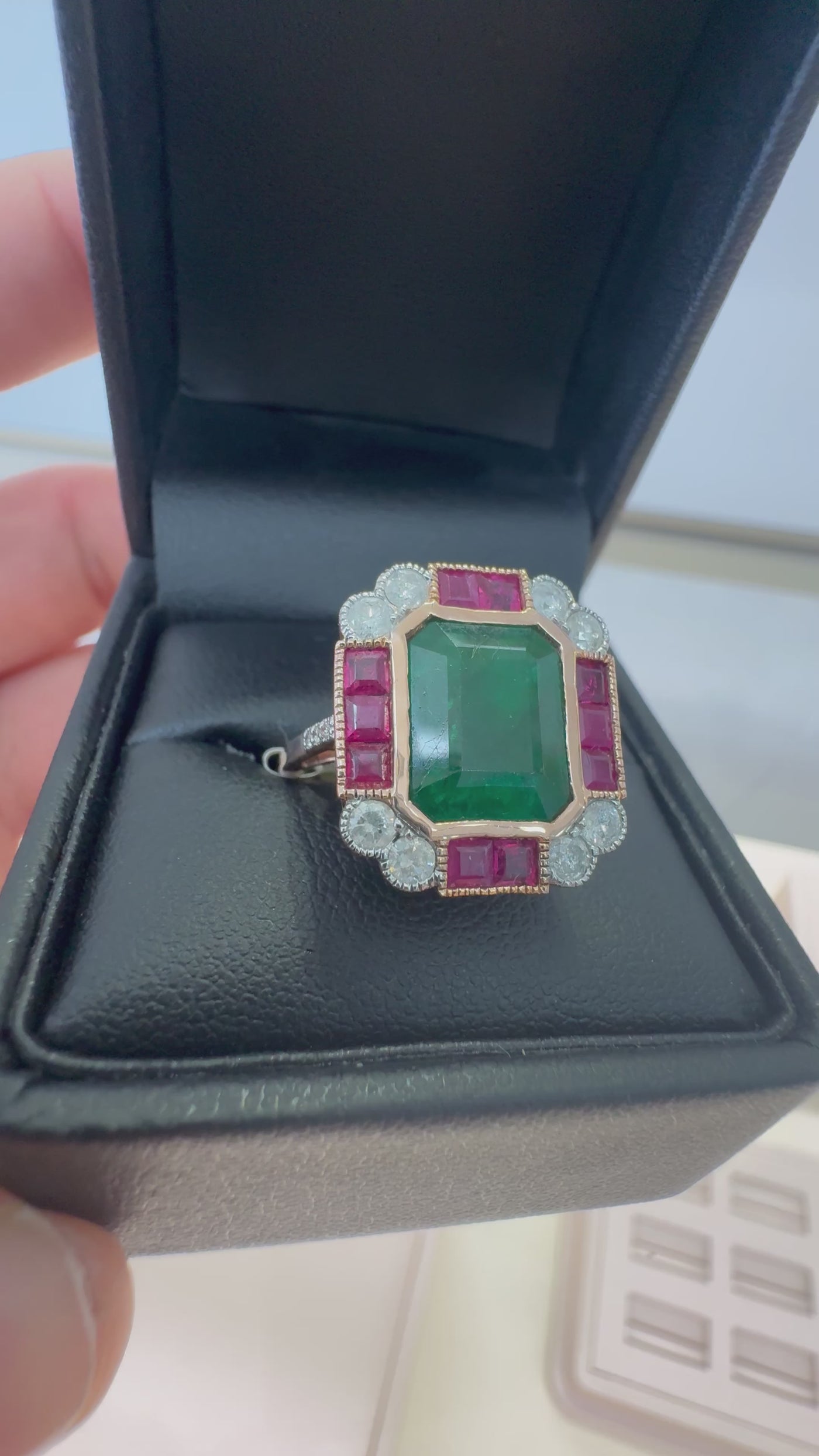 EMERALD , RUBY AND DIAMOND COCKTAIL RING