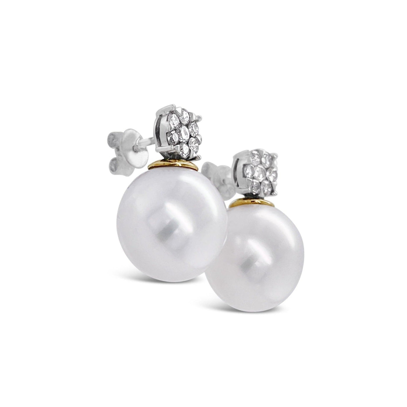 18CT WHITE GOLD PEARL AND DIAMOND DROP STUD EARRINGS