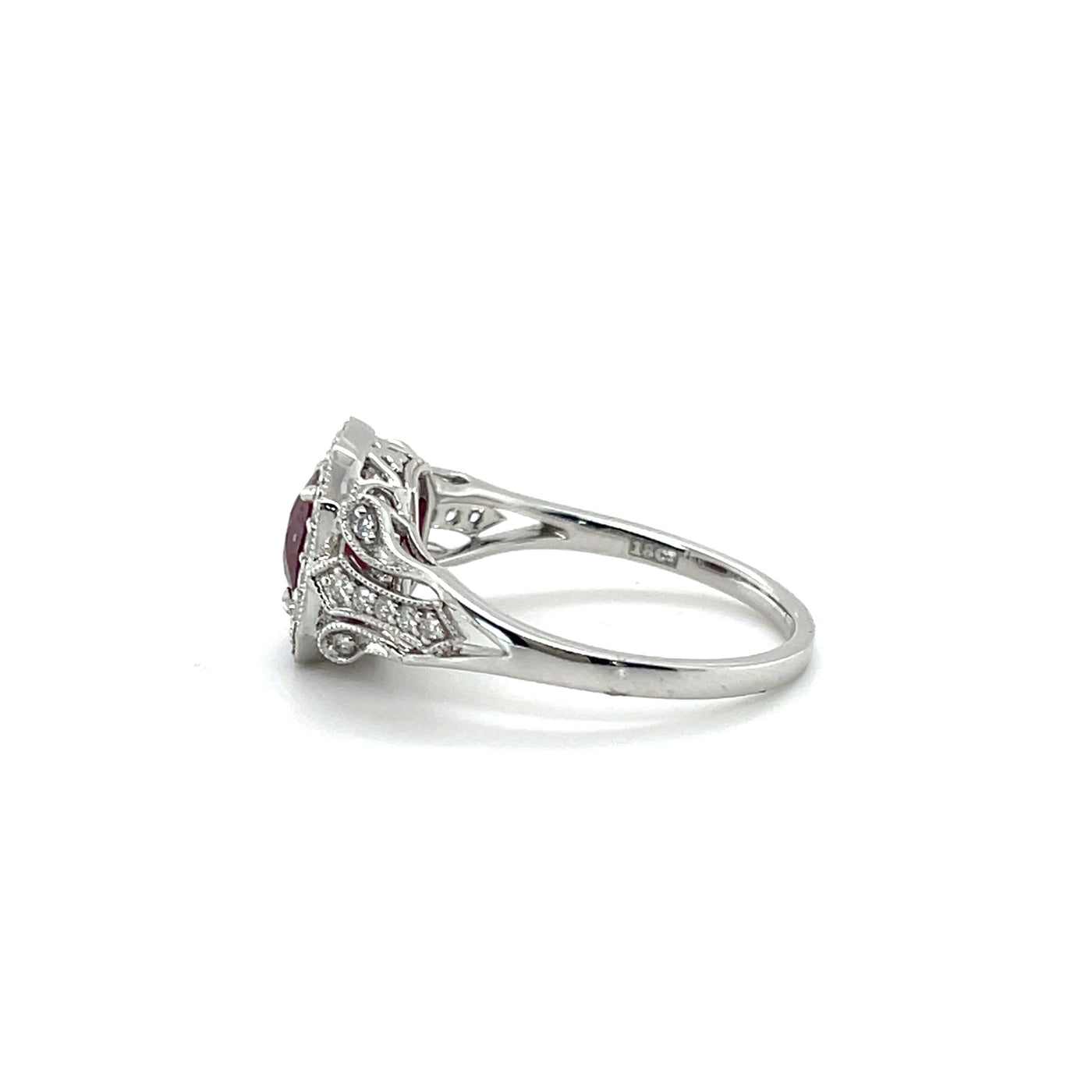 18CT WHITE GOLD, DIAMOND AND RUBY RING