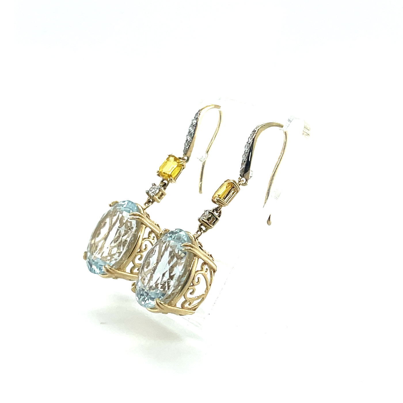 14CT YELLOW GOLD AQUAMARINE, SAPPHIRE AND DIAMOND EARRING