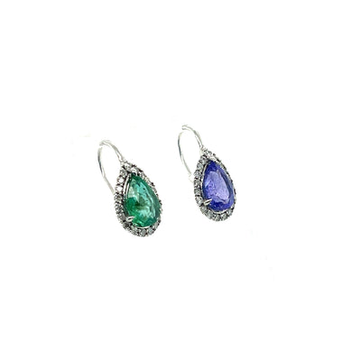 14CT WHITE GOLD EMERALD, TANZANITE AND DIAMOND EARRINGS