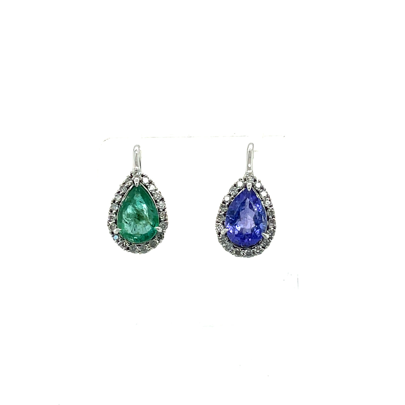 14CT WHITE GOLD EMERALD, TANZANITE AND DIAMOND EARRINGS