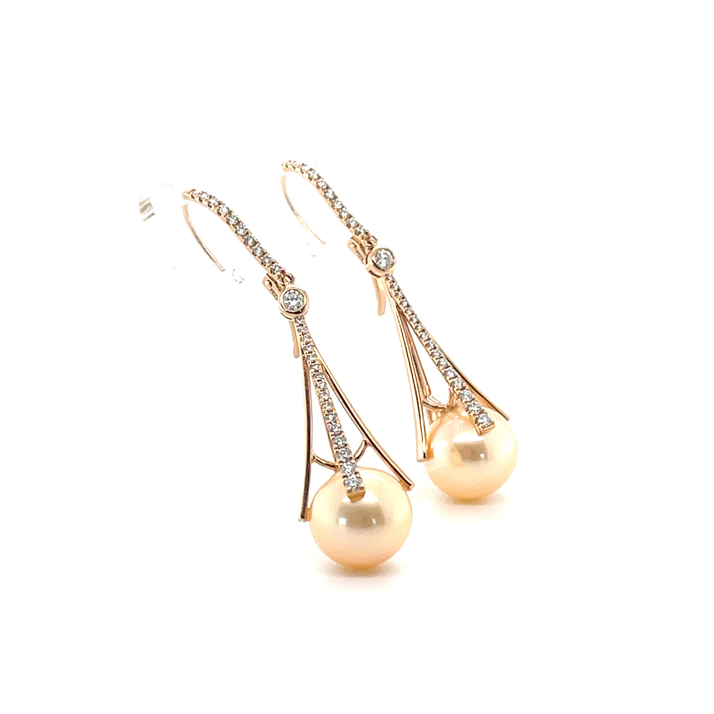 18CT ROSE GOLD CULTURED PEARL AND DIAMOND EARRINGS