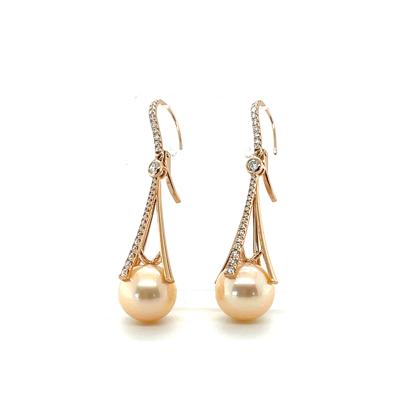 18CT ROSE GOLD CULTURED PEARL AND DIAMOND EARRINGS