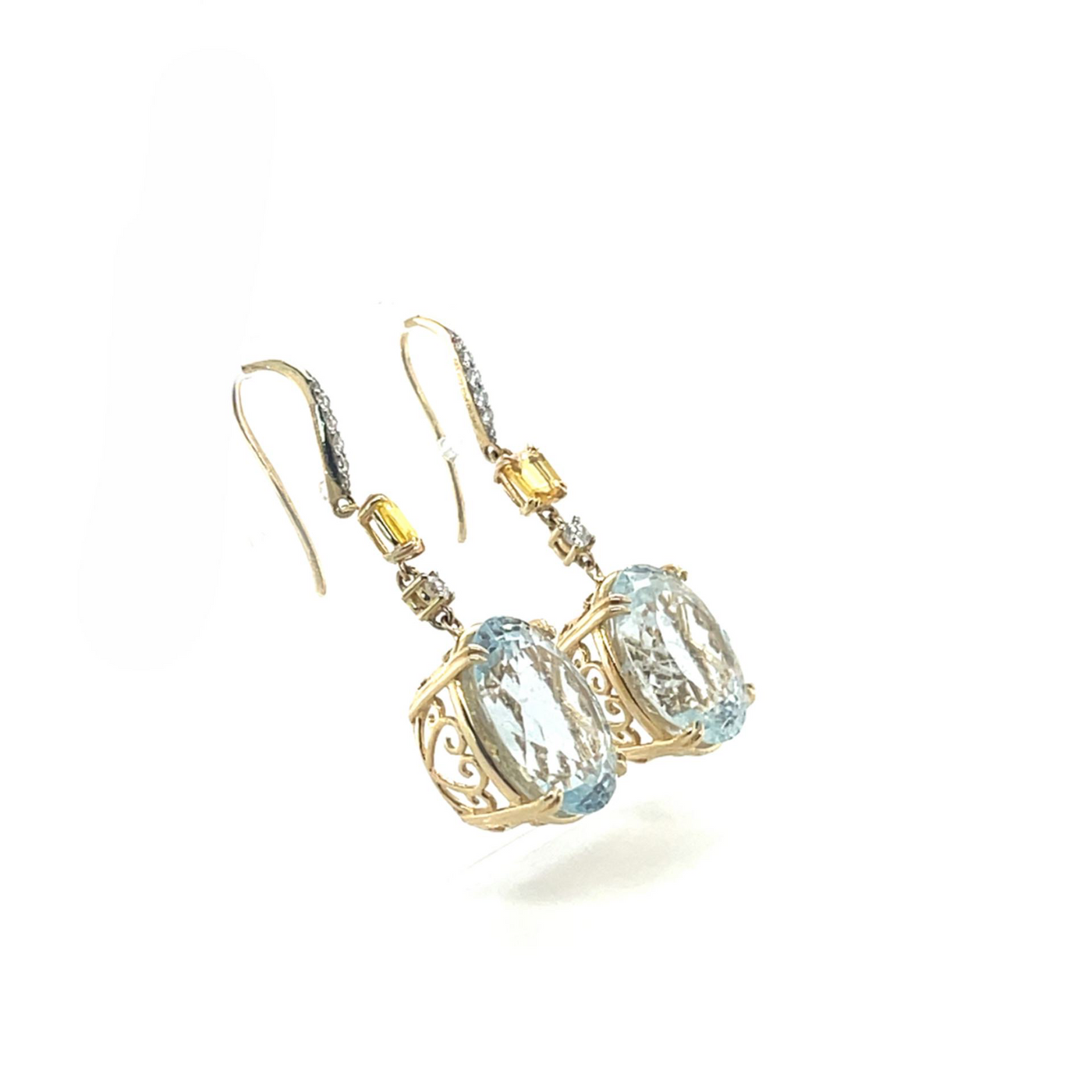 14CT YELLOW GOLD AQUAMARINE, SAPPHIRE AND DIAMOND EARRING