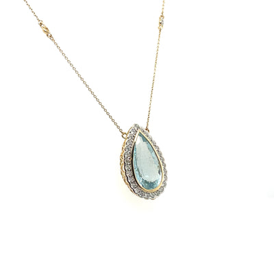 14CT YELLOW GOLD DIAMOND, AQUAMARINE PENDANT & NECKLACE