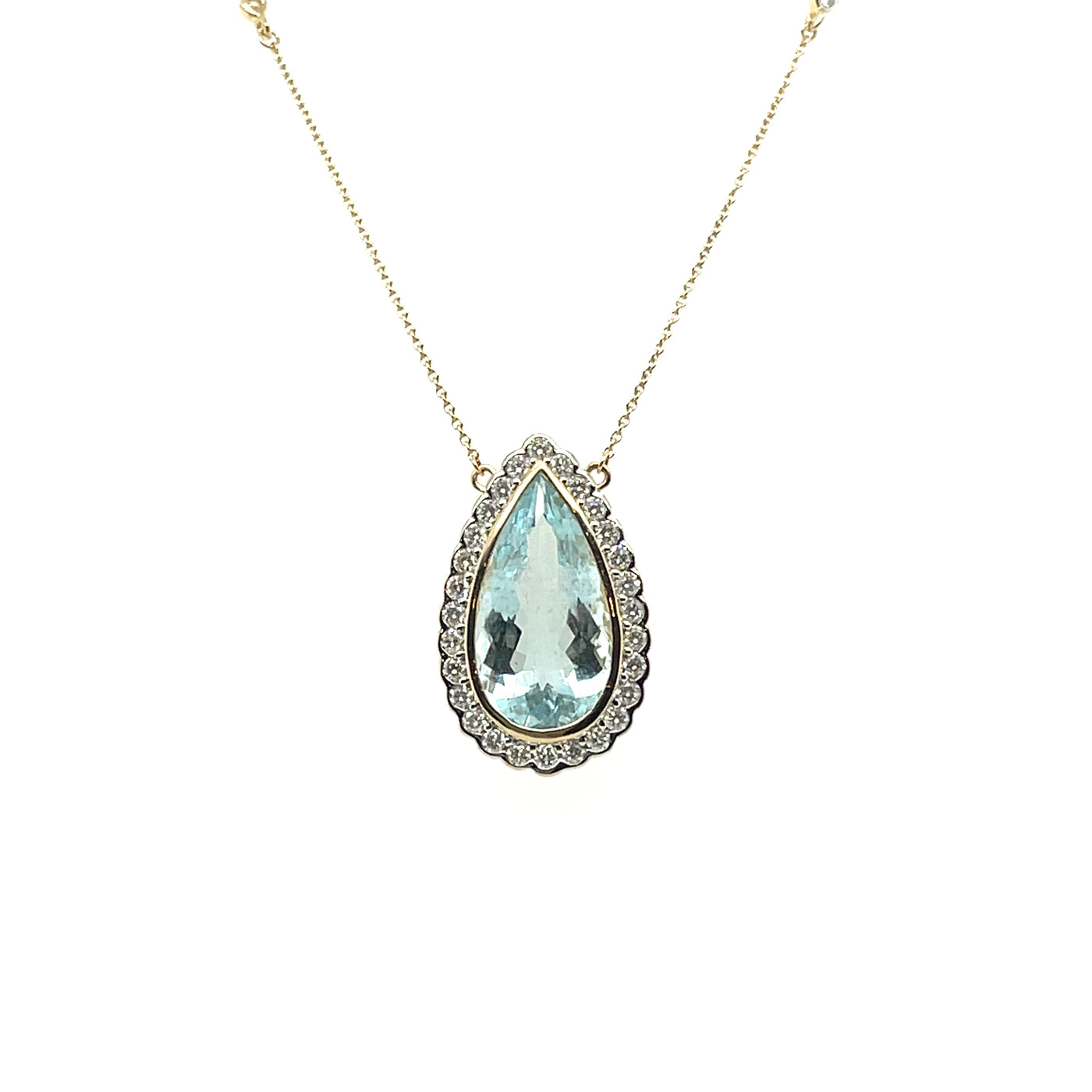 14CT YELLOW GOLD DIAMOND, AQUAMARINE PENDANT & NECKLACE