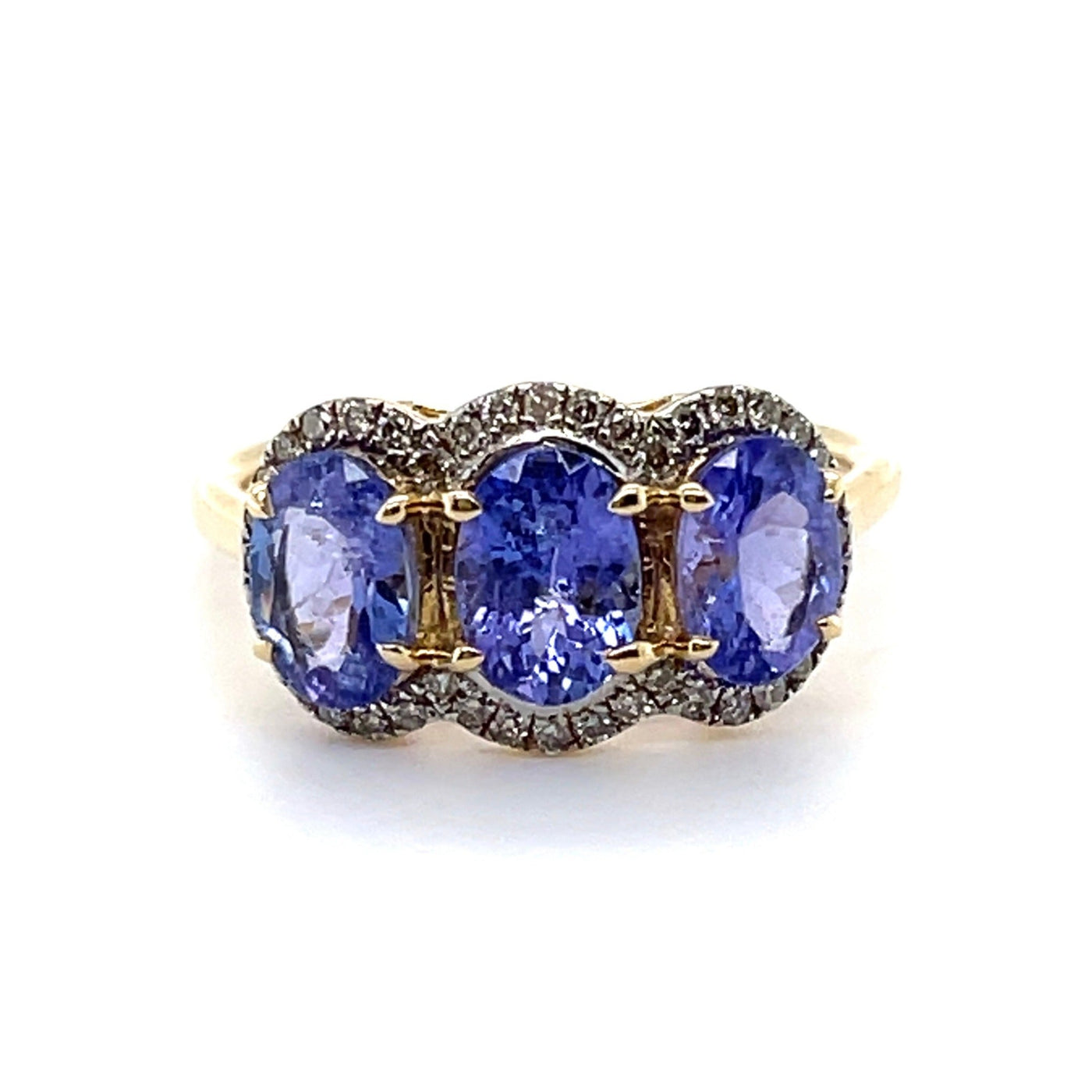 14CT YELLOW GOLD TANZANITE AND DIAMOND TRILOGY RING