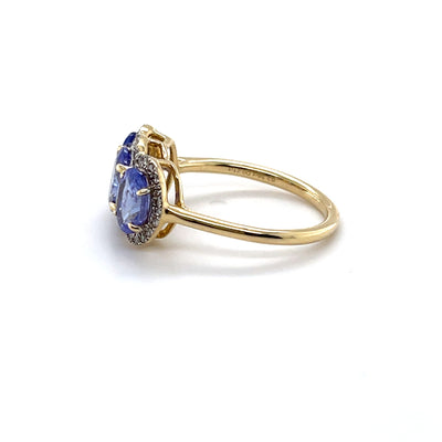 14CT YELLOW GOLD TANZANITE AND DIAMOND TRILOGY RING