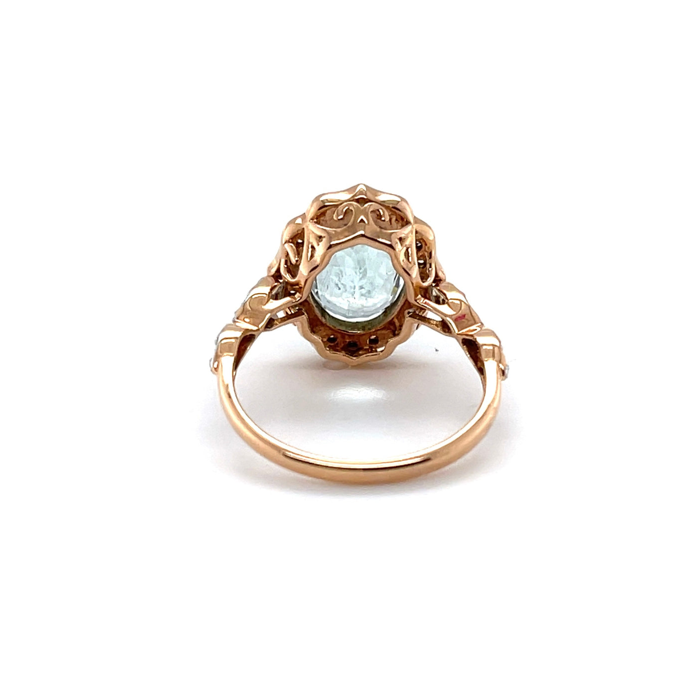 18CT ROSE GOLD AQUAMARINE AND DIAMOND RING