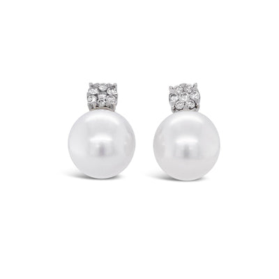 18CT WHITE GOLD PEARL AND DIAMOND DROP STUD EARRINGS