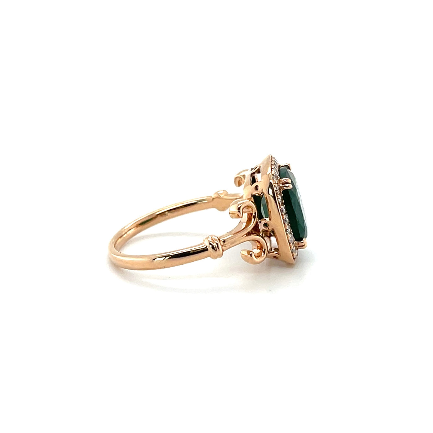 18CT ROSE GOLD EMERALD AND DIAMOND RING