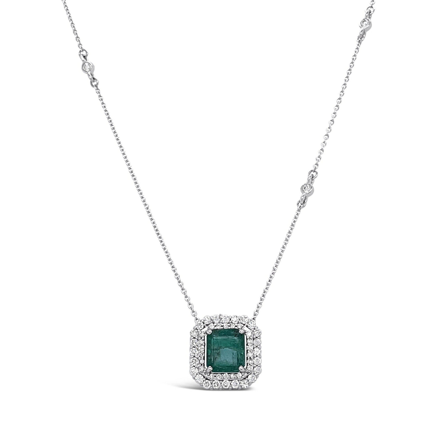 18CT WHITE GOLD EMERALD AND DIAMOND PENDANT AND NECKLACE