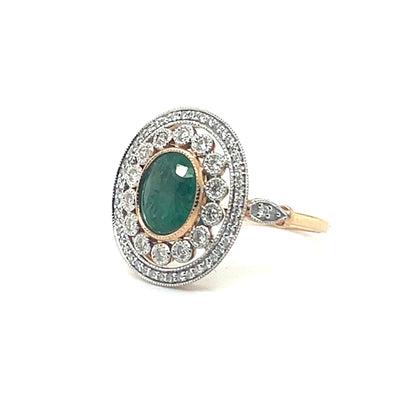 18CT ROSE GOLD EMERALD AND DIAMOND RING