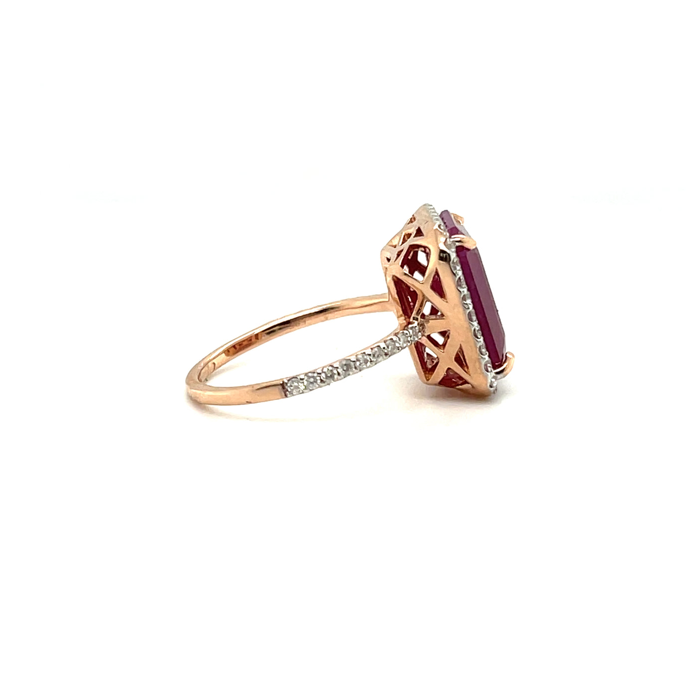 14CT PINK GOLD RUBY AND DIAMOND RING